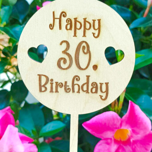 Blumenstecker "Happy Birthday" rund mit Herzen