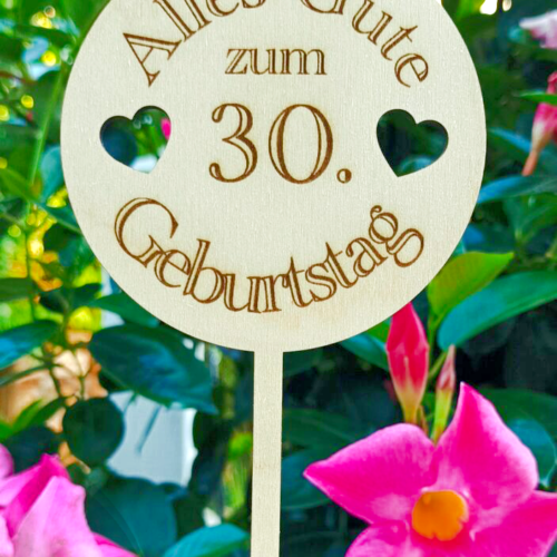Blumenstecker "zum Geburtstag" rund mit Herzen