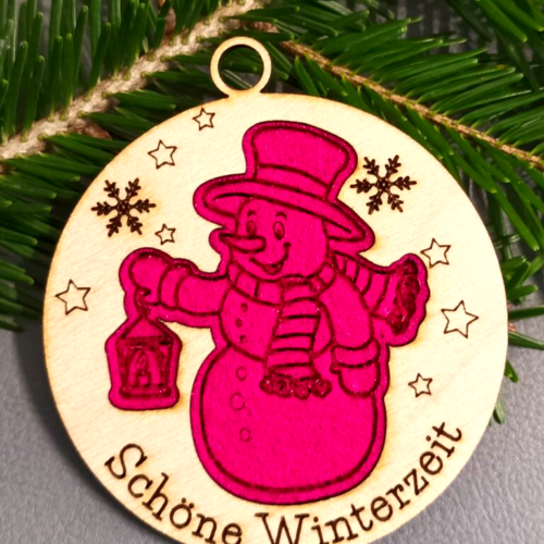 Baum oder Geschenkanhänger mit Filzeinsatz rund mit Schneemann