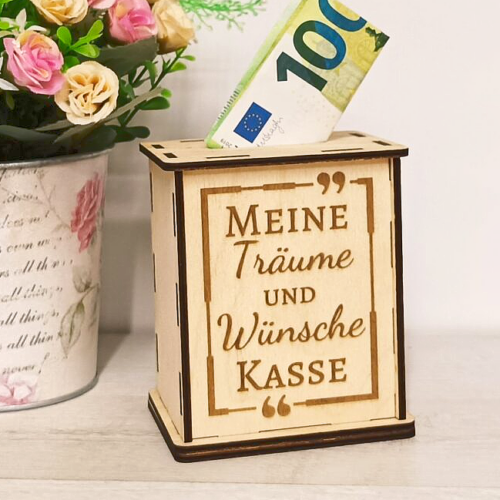 Spardose Holz "Meine Träume & Wünsche Kasse"