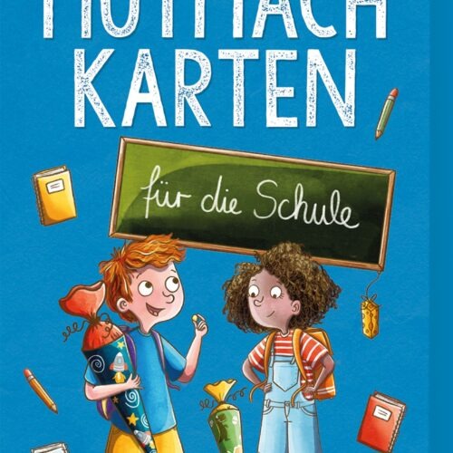 Das Cover zeigt auf leuchtend blauem Hintergrund die Aufschrift „Mutmachkarten“ in großen weißen Buchstaben. Darunter steht „für die Schule“ auf einer grünen Tafel. Zwei fröhliche Kinder, ein Junge mit rotem Haar und ein Mädchen mit lockigem Haar, stehen mittig unter der Schrift. Um sie herum sind Schulutensilien wie Schultüten, Bücher und Stifte abgebildet. Ganz unten mittig steht der Logoschriftzug von arsEdition.