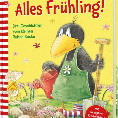 Das Buchcover zeigt einen kleinen Raben mit einem gelben Schnabel und einer grünen Schürze, der in einem bunten Garten arbeitet. Um ihn herum sind Blumen und ein kleiner Maulwurf zu sehen, während im Hintergrund bunte Gießkanne und Schaufel liegen.