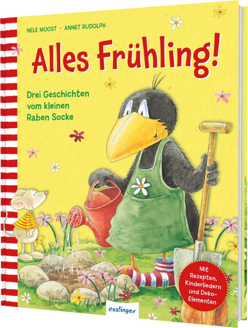 Das Buchcover zeigt einen kleinen Raben mit einem gelben Schnabel und einer grünen Schürze, der in einem bunten Garten arbeitet. Um ihn herum sind Blumen und ein kleiner Maulwurf zu sehen, während im Hintergrund bunte Gießkanne und Schaufel liegen.