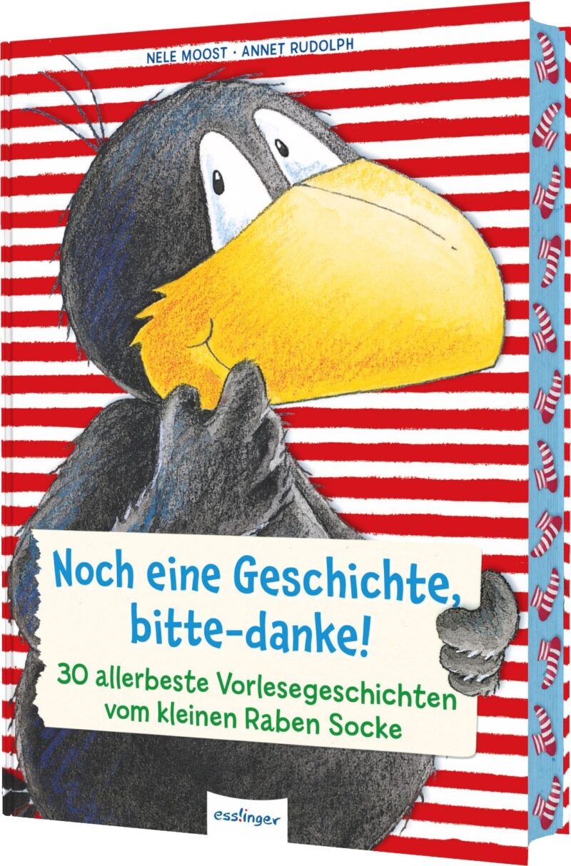 Das Buchcover zeigt einen kleinen, schwarzen Raben mit gelbem Schnabel und großen, freundlichen Augen vor einem gestreiften Hintergrund in Rot und Weiß. Darunter steht der Titel „Noch eine Geschichte, bitte-danke!“ in einer freundlichen Schrift auf einem hellen Banner.