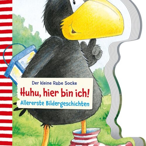 Das Buchcover zeigt den kleinen Raben Socke mit gelbem Schnabel und schwarzem Gefieder, der eine blaue Tasche hält. Der Hintergrund ist grün und die Schrift „Huhu, hier bin ich!“ ist in Blau gehalten.