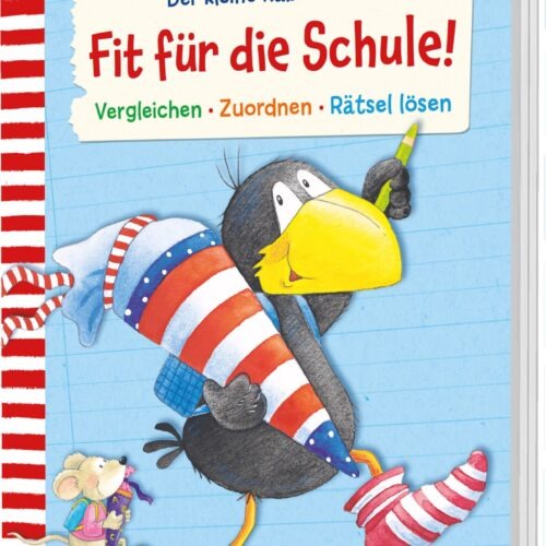 Das Buchcover zeigt den kleinen Raben Socke mit buntem Streifenoutfit und einem Bleistift in der Hand. Neben ihm steht eine kleine Maus auf einem hellblauen Hintergrund.